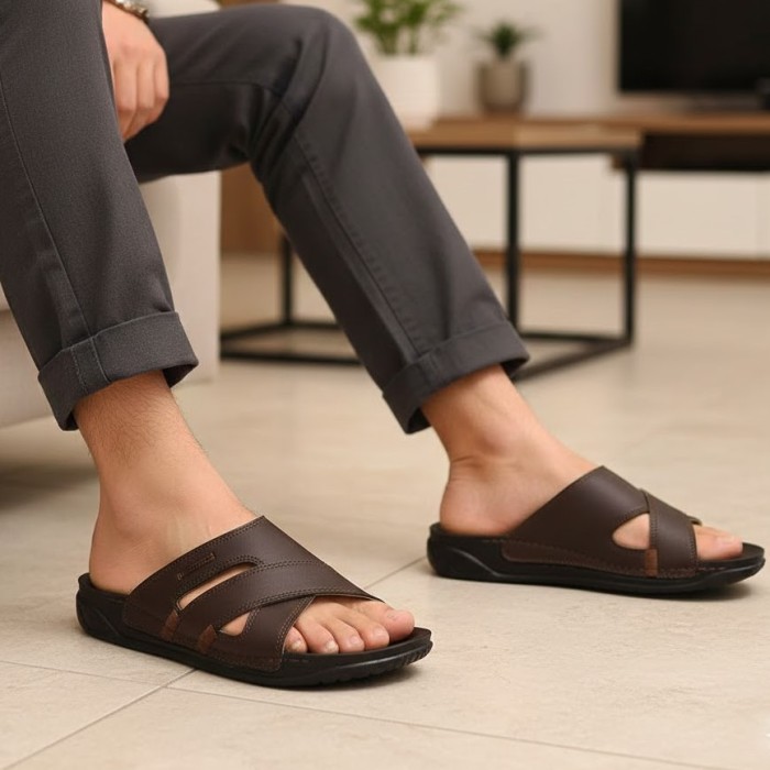 دمپایی چرم مصنوعی مردانه آوین مدل دوزیگزال 054