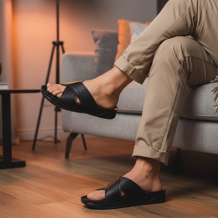 دمپایی چرم مصنوعی مردانه آوین مدل ضربدری کد Z51